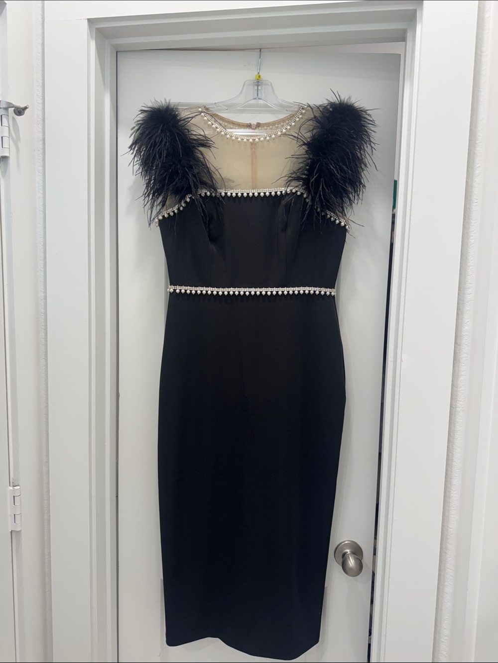 Mac Duggal Black Sheath Dress with Feather Shoulders and Pearl Trim